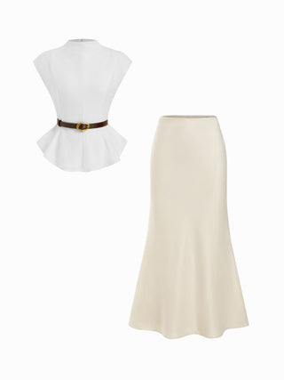 Stand Collar Cinched Waist Top With Belt & Zipper Mermaid Maxi Skirt Set