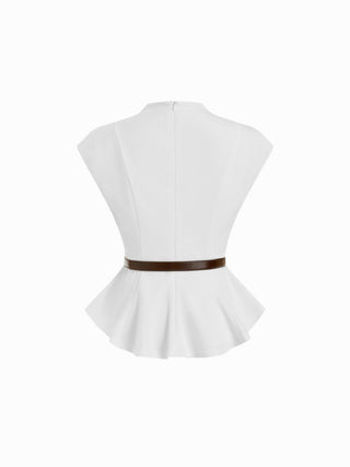 Stand Collar Cinched Waist Top With Belt & Zipper Mermaid Maxi Skirt Set