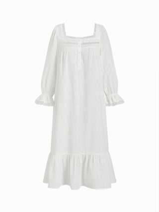 Woven Cotton Square Neck Short Sleeve Lace Trim Ruffle Hem Midi Nightdress For Home Bedroom