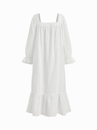 Woven Cotton Square Neck Short Sleeve Lace Trim Ruffle Hem Midi Nightdress For Home Bedroom