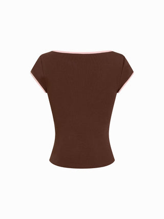 Cotton-blend V-neck Two Tone Top & Mid Rise Drawstring Straight Leg Trousers Set