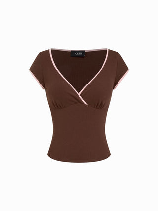 Cotton-blend V-neck Two Tone Top & Mid Rise Drawstring Straight Leg Trousers Set