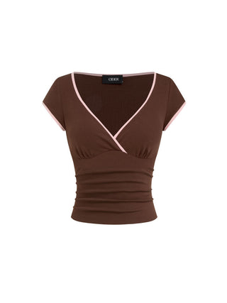 Cotton-blend V-neck Two Tone Top & Mid Rise Drawstring Straight Leg Trousers Set