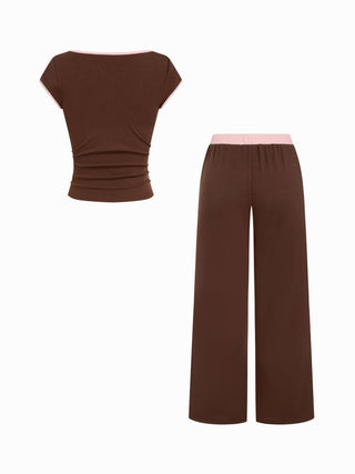 Cotton-blend V-neck Two Tone Top & Mid Rise Drawstring Straight Leg Trousers Set