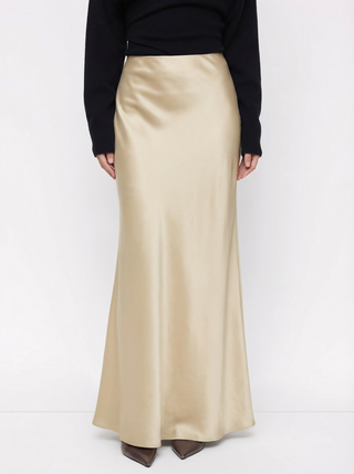 Satin Mid Rise Ruffle Maxi Skirt