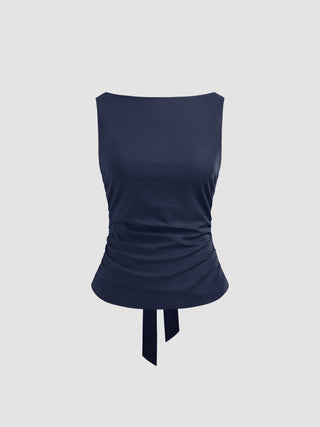 Linen-blend Boat Neckline Solid Bowknot Tank Top