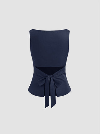Linen-blend Boat Neckline Solid Bowknot Tank Top