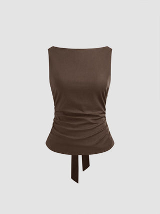 Linen-blend Boat Neckline Solid Bowknot Tank Top