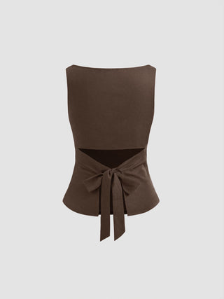 Linen-blend Boat Neckline Solid Bowknot Tank Top