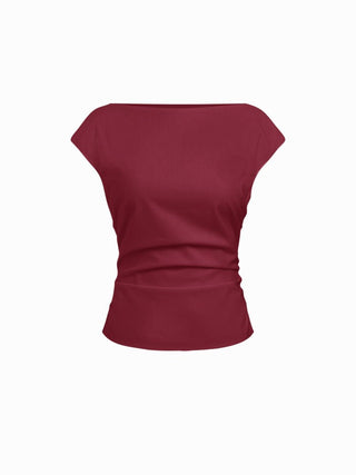 Linen-blend Boat Neck Ruched Cut Out Tie Back Top