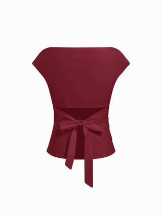 Linen-blend Boat Neck Ruched Cut Out Tie Back Top