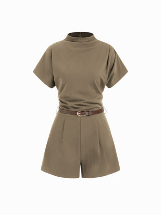 Stand Collar Romper With Belt