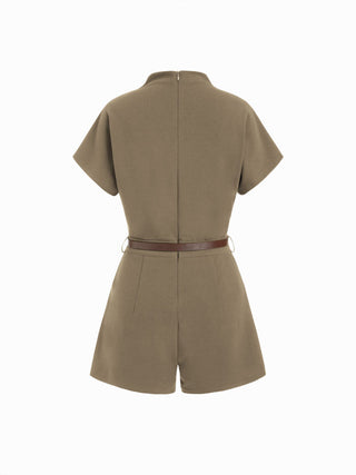 Stand Collar Romper With Belt