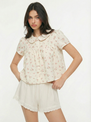 Woven Floral Peter Pan Collar Short Sleeve Blouse For Daily Casual