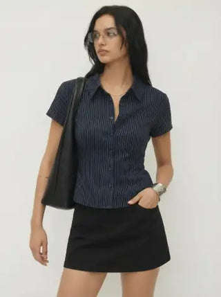 Woven Collar Stripe Short Sleeve Shirt For School