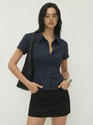 Woven Collar Stripe Short Sleeve Shirt For School