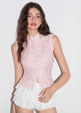Lace Mandarin Collar Guipure Split Tank Top