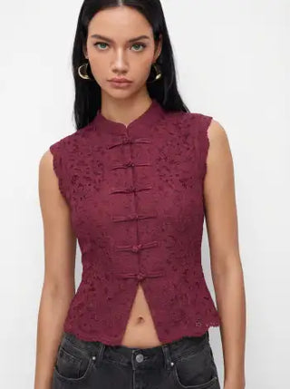 Lace Mandarin Collar Guipure Split Tank Top