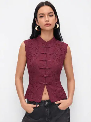 Lace Mandarin Collar Guipure Split Tank Top