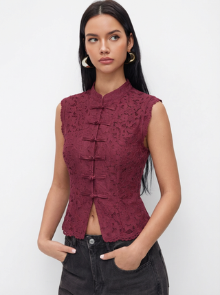 Lace Mandarin Collar Guipure Split Tank Top