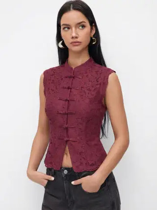Lace Mandarin Collar Guipure Split Tank Top