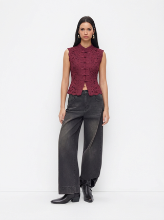 Lace Mandarin Collar Guipure Split Tank Top