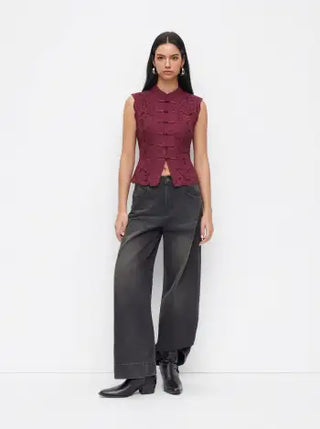Lace Mandarin Collar Guipure Split Tank Top