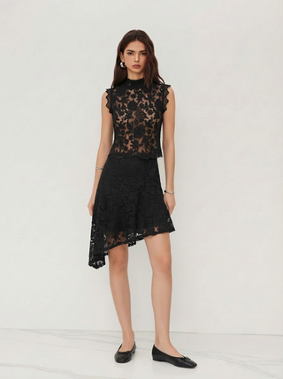 Lace Mandarin Collar Floral See-through Tank Top