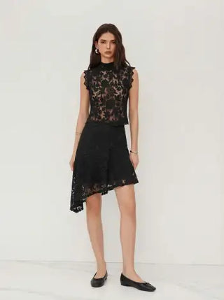 Lace Mandarin Collar Floral See-through Tank Top
