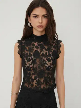 Lace Mandarin Collar Floral See-through Tank Top