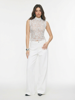 Lace Mandarin Collar Floral See-through Tank Top