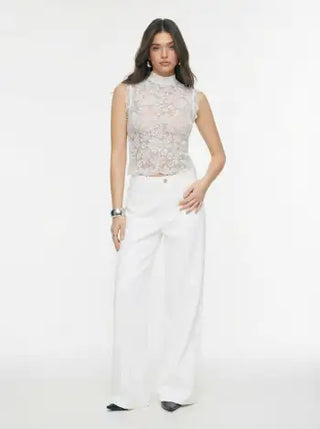 Lace Mandarin Collar Floral See-through Tank Top