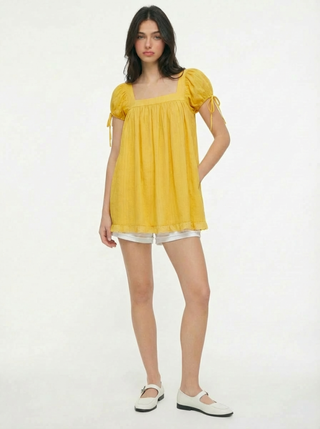 Square Neck Solid Ruffle Knotted Short Sleeve Blouse