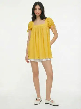 Square Neck Solid Ruffle Knotted Short Sleeve Blouse