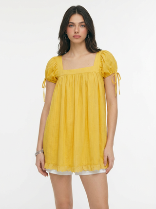 Square Neck Solid Ruffle Knotted Short Sleeve Blouse