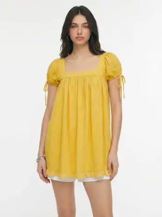 Square Neck Solid Ruffle Knotted Short Sleeve Blouse