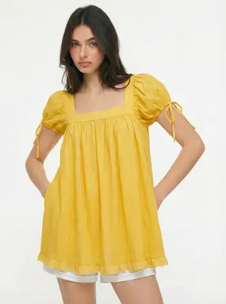 Square Neck Solid Ruffle Knotted Short Sleeve Blouse