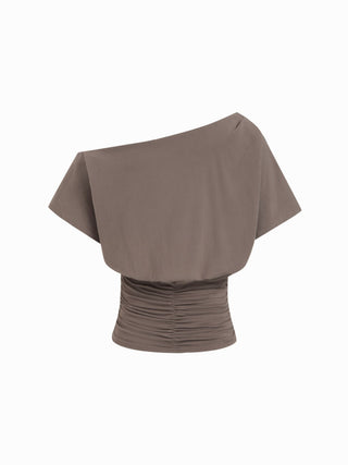 Cotton-blend Asymmetrical Neck Ruched Tee