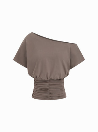 Cotton-blend Asymmetrical Neck Ruched Tee