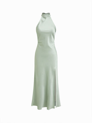 Satin Halter Neck Wrap High Rise Mermaid Maxi Dress