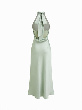 Satin Halter Neck Wrap High Rise Mermaid Maxi Dress