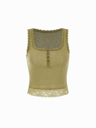 Knit Fabric Cotton-blend Square Neck Lace Trim Tank Top For Daily Casual