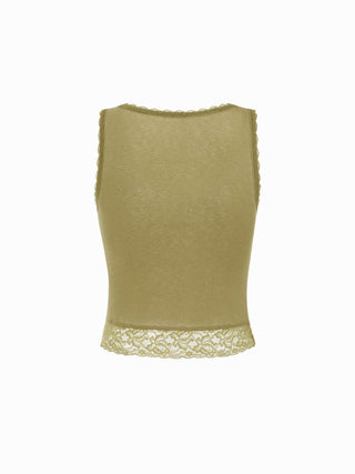 Knit Fabric Cotton-blend Square Neck Lace Trim Tank Top For Daily Casual