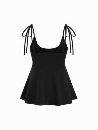 Cotton-blend Square Neck Babydoll Tie-Shoulder Flared Crop Top