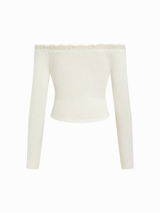 Off-shoulder Deer Graphic Pointelle Lace Panel Crop Tee