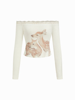 Off-shoulder Deer Graphic Pointelle Lace Panel Crop Tee