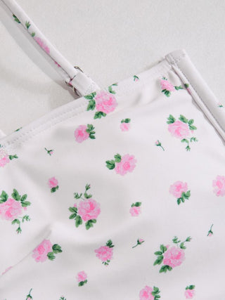 Knit Fabric Floral Square Neck Ruffle Hem One-piece Swimsuit For Swimming Pool Beach