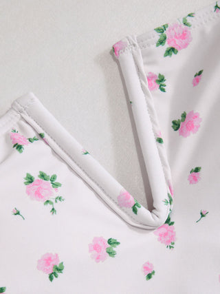 Knit Fabric Floral Square Neck Ruffle Hem One-piece Swimsuit For Swimming Pool Beach