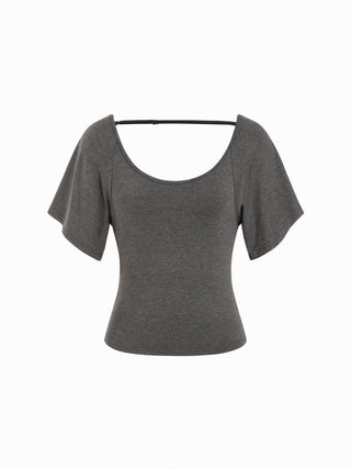 Viscose Scoop Neck Backless Short Sleeve Top