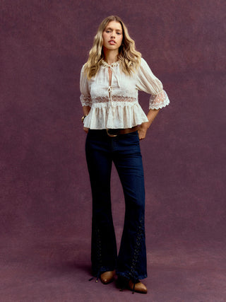 Round Neckline Lace Beaded Puff Sleeve Blouse